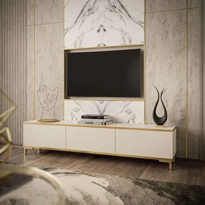 A modern living room setup featuring a TV stand and wall-mounted television.