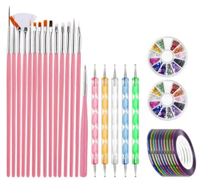 Produktbild von Nagelkunst-Pinselset, 15 Nagelpinsel, 5 Punktierstifte, 10 Rollen Nagelklebeband, 2 Schachteln Strasssteine, ultradünne Pailletten für Nagelkunst-Maniküre