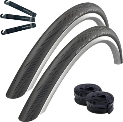 Produktbild von 2 x Schwalbe Lugano 2 28" Rennradreifen in Schwarz 25-622 (700 x 25C) + 2 Schwalbe Schläuche SV15 inkl. maxxi4you Reifenheber