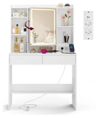 Image de Table de maquillage avec miroir LED à intensité réglable et 2 tiroirs | Blanche | 90x40x145 cm