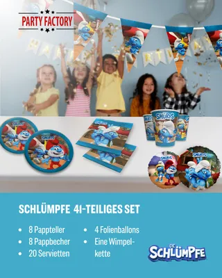 Produktbild von Die Schlümpfe 41-tlg. Party Set – Deko mit Wimpel Ballons Servietten