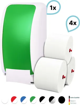 Produktbild von SET: 1x Toilettenpapierspender Doppelrollen Blanc Cosmos verschied. Farben + 4 Toilettenpapierrollen Long Life 3L - PRODUKTSET : Farbe - Grün / Weiß Farbe: Grün / Weiß