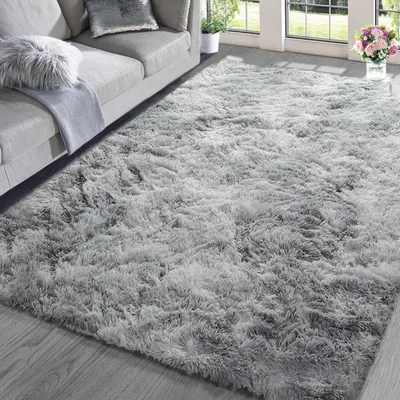 Image de Tapis à poils longs, idéal pour le salon ou la chambre, antidérapant, doux, gris et blanc, dimensions 160 x 200 cm