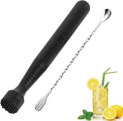 Productafbeelding van Professionele cocktailstamper - Getand - Crushed ice hamer - 2-delige set met barlepel van polypropyleen - Zwart