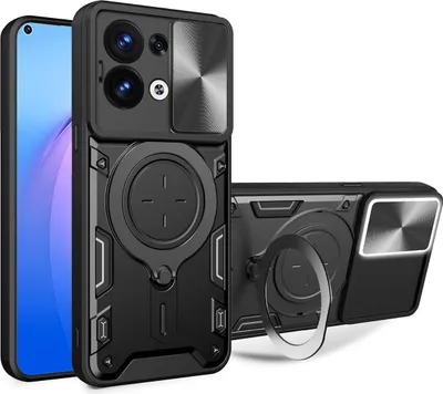 Produktbild von Handyhülle für Oppo Reno8 5G Dual-Layer Stoßfest Rüstung Hülle mit Dia Kameraschutz und Kreisförmig Ring Ständer Schwarz