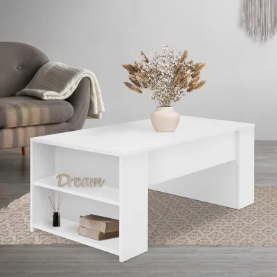 Obrázok produktu pre ML-Design konferenčný stolík v bielej farbe, 100x60x42 cm, priestranný stolík do obývačky s 2 priehradkami po stranách, moderný dizajnový rozkladací stolík s množstvom úložného priestoru