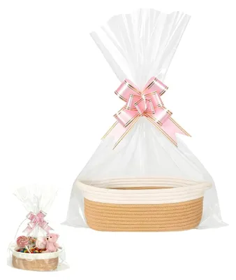 Produktbild von Leer Geschenkkorb, Geflochtener Korb mit Transparenten Geschenktüten und Bändern, Aufbewahrungskorb für Ostern, Babyparty, Geburtstag, Hochzeit, Erntedank, Weihnachten
