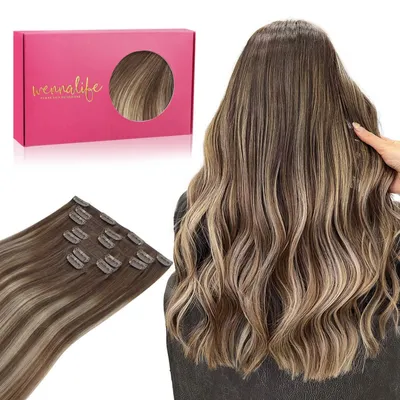 Immagine prodotto di Extension per capelli con clip, capelli veri, 50 cm, 120g, set da 7 pezzi, tecnica balayage, colore cioccolato, riflessi miele, capelli Remy