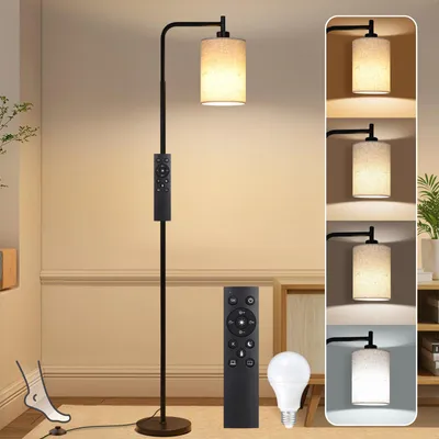 Produktbild von Stehlampe Moderne Leinenschirm Stehleuchte E27 LED Dimmbar Glühbirne mit Fernbedienung und Fußschalter für Wohnzimmer Schlafzimmer Büro, Schwarz