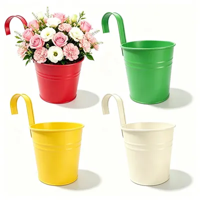 Produktbild von Elzusha – Set aus 4 hängenden Blumentöpfen für den Außenbereich – Metall mit Haken und Ablauflöchern – Vintage-Schwarz