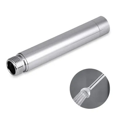 A chrome-plated shower arm extension with a threaded end and a close-up inset showing water spraying from a showerhead.