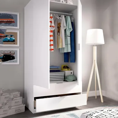 Produktbild von Kleiderschrank Dlunin, Garderobe für Schlafzimmer, Kleiderschrank mit 2 Flügeltüren und 2 Schubladen, 81x52h184 cm, Weiß