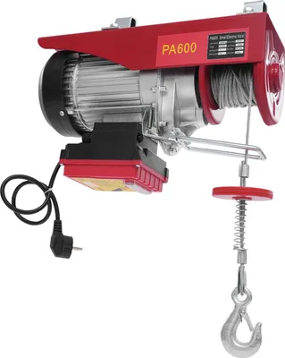 Obrázek produktu pro Elektrický lanový kladkostroj – 1200 W – nosnost 300/600 kg (jednoduché/dvojité lano) – ocelové lano 12 m – 220 V 50 Hz – dálkové ovládání – červená barva