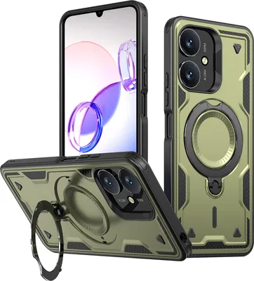 Obrázek produktu pro Dvouvrstvé pouzdro pro Xiaomi Redmi 12C/Poco C55, magnetické vojenské ochranné pouzdro s kovovým kroužkem a stojánkem Zelený