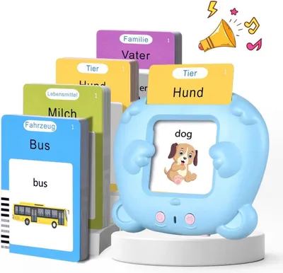Produktbild von Montessori Lernspielzeug, Sprechende Flashkarten Deutsch & Englisch, 112 Karten, Blau
