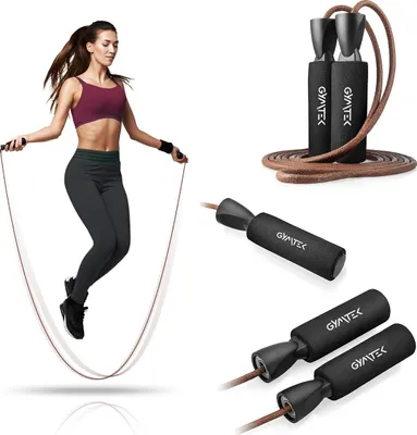 Produktbild von Gymtek® Springseil - 275cm Lederkordel, Schwammgriffe - Seilspringen, Speed Rope, Jump Rope für Erwachsene - Fitness, Training, Gym, Crossfit, Cardio