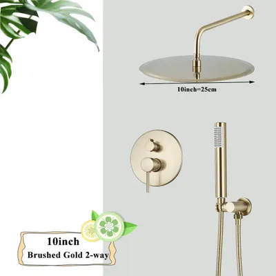 Produktbild von Unterputz Duschset - 2-Wege Duscharmatur - Runder Regenduschkopf 25 cm mit Handbrause und drehbarem Wannenauslauf - Wandmontage Messing - Gebürstetes Gold