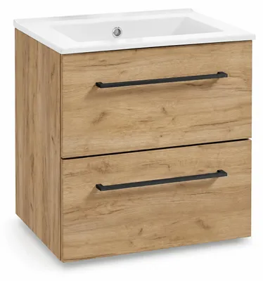 Image de Domodomo Armoire de salle de bains avec lavabo, 60 x 50 x 46,5 cm Chêne Armoire basse pour lavabo, armoire suspendue pour salle de bains - lavabo en céramique