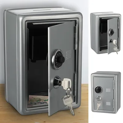 Produktbild von Spardose Tresor mit Schlüssel silber 12x18x10cm Metall Schlüssel Zahlenschloss Spartresor Sparbüchse Geldgeschenk