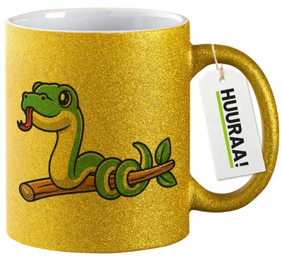 Produktbild von Huuraa Glitzertasse Schlange Comic 330ml Gold Keramik Kaffeebecher Geschenkidee