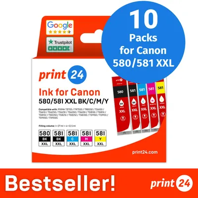 Productafbeelding van NIEUW: print24 Inktcartridges voor Canon 580/581 XXL, multipack (BK/BK/C/M/Y), 10 stuks