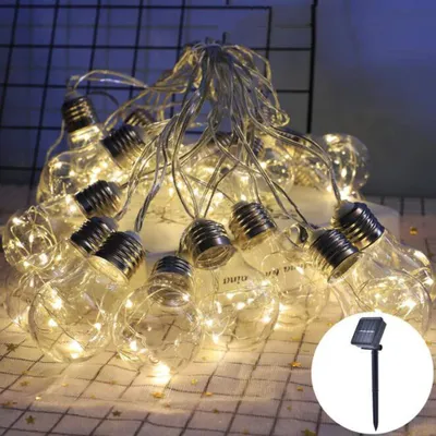 Produktbild von LED Solar Lichterkette Glühbirnen, Außen Garten Deko 8 Modi Effekte Außerlichterkette für Terrasse Hof Innen Haus Weihnachten (8m / 20 Glühbirne)