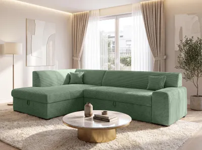 Image de Canapé convertible d'angle AX LIVING avec coffre de rangement, modèle Lucera, 260 cm, couleur vert sauge