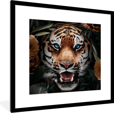 Produktbild von MuchoWow® MuchoWow® Gerahmtes Poster Tiger - Blatt - Blumen 40x40 cm - Poster mit zchwarzem Bilderrahmen - Poster - Plakat im Rahmen
