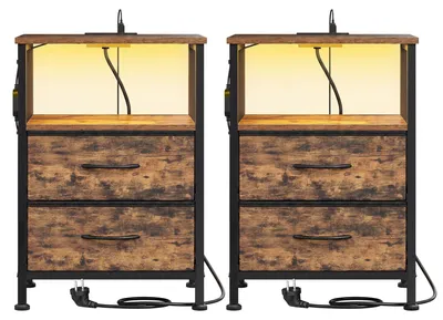 Produktbild von 2er-Set Nachttische mit LED-Beleuchtung und Ladestation | Braun | 39,6x30x60cm