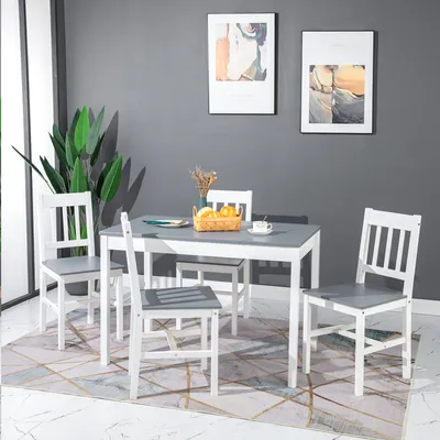 Image de HJ_WeDoo Ensemble de table de salle à manger 5 pièces, table de salle à manger en bois massif avec 4 chaises, convient pour la salle à manger, la cuisine, le salon, style moderne
