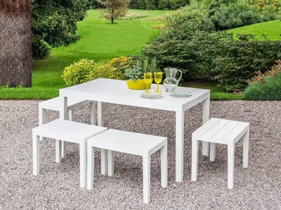 Produktbild von Outdoor-Lounge-Set Sanremo, Gartenset mit 1 rechteckigem Tisch und 4 Bänken, Indoor- und Outdoor-Set für Pic Nic, 100 %  Italy, Weiß