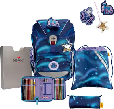 A collection of school supplies including a backpack, pencil case, and drawstring bag, all with a starry night theme.