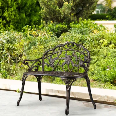 Produktbild von Yaheetech Vintage Gartenbank Metallbank mit Rosenmuster, wetterfest, für Terrase Balkon Park, Bronze