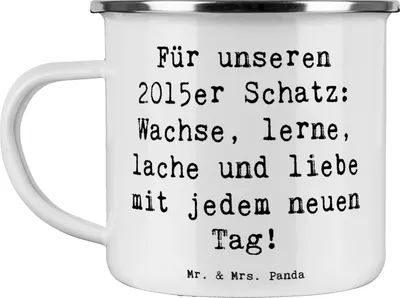 Produktbild von Mr. & Mrs. Panda Teetasse Spruch 2015 Geburtstag - Weiß - Geschenk, Geburtstagsgeschenk, feiern, Abenteuer, Haferl, Tasse Emaille, Liebe, Lache, Teebecher, Pott