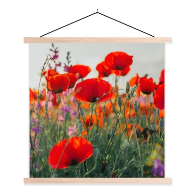 Produktbild von MuchoWow® Textilposter Mohn - Blumen - Rot - Lila - Wiese 40x40 cm mit holzfarbenen Rahmen - Posterleiste