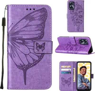 Produktbild von Lederhülle für Realme C55 Schmetterling Prägung Flip Ledertasche Kartenfächer Handyhülle mit Ständer Violett