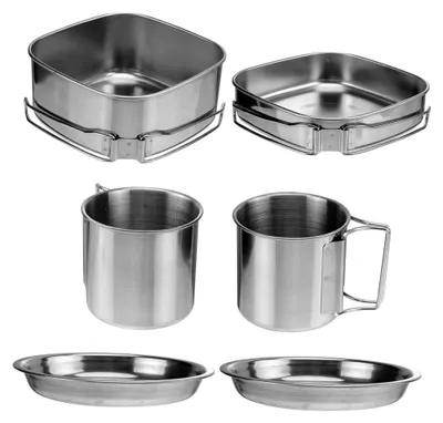 Produktbild von Edelstahl-Kochgeschirr-Set mit klappbarem Griff, inklusive Topf, Pfanne, Teller und Becher für Camping, Wandern und Picknicken, leicht und langlebig