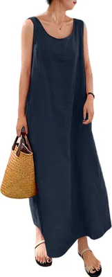 Produktbild von ASKSA Damen Ärmellose Sommerkleid Baumwolle Leinen Kleid Lang Freizeitkleid Locker Strandkleid mit Taschen, Dunkelblau, M