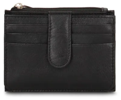Imagen del producto de Cartera de cuero genuino negra con botón de cierre y portatarjetas