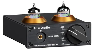 A black Fosi Audio Box X2 HiFi Phono Preamplifier with two glowing vacuum tubes on top, set against a white background.