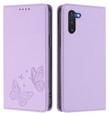 Image de Étui en cuir pour Samsung Galaxy Note 10, motif papillon en relief, étui portefeuille à rabat avec support, violet clair