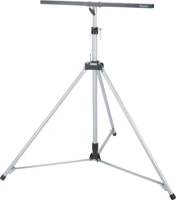 A silver tripod lamp stand with a black base and horizontal bar at the top, set against a white background.