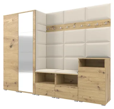 Produktbild von Garderobe NELA VIII 250 cm Modulare Flurmöbel Artisan Eiche mit Spiegel & Sitzpolster Creme 01 (Set XL)