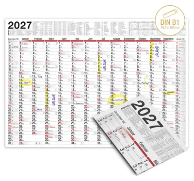 Produktbild von Wandkalender 2027 XXL B1 Gefalzt 70x100 cm Jahresplaner Feiertage Ferien DE AT 14 Monate