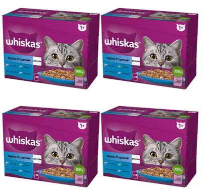 Produktbild von Whiskas Adult 48x85g Fisch-Leckerbissen Nassfutter für ausgewachsene Katzen 4 Geschmacksrichtungen in Gelee