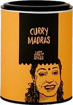 A product container for spices, featuring branding and an illustration of a person.