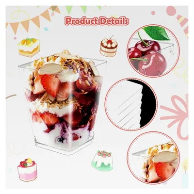 Produktbild von Set von Dessertbechern, 25 Stück aus 160ml wiederverwendbaren quadratischen Kunststoffbechern für Pudding, Mousse, Eiscreme und Desserts
