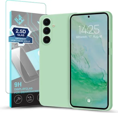 A light green smartphone case and a screen protector are displayed next to each other on a white background.