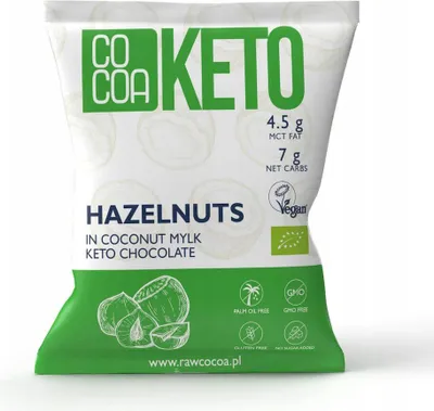 Obrázok produktu pre LÍSKOVÉ ORIEŠKY V KETO ČOKOLÁDE S MCT OLEJOM, BEZ PRIDANÉHO CUKRU, BEZLEPKOVÉ,70 g - KAKAOVÉ