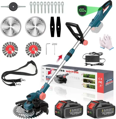Produktbild von 750W Akku Rasentrimmer mit 2× 4.0Ah Akkus & Ladegerät, Freischneider Gartengeräte mit Fugenbürste & Unkrautbürste Kompatibel mit Makita-Akkus | Blau